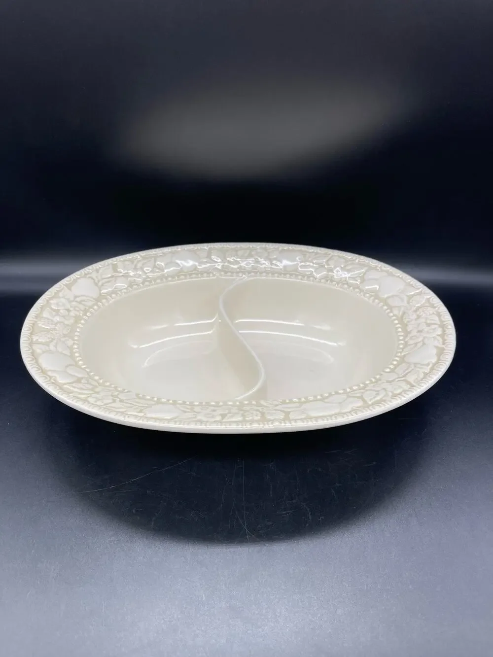 Vintage Metlox Vernon Ware Embossed Antiqua Divided Oval Serving Bowl 12